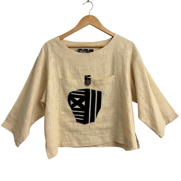 Joy Burton My Tribe Linen Boxy Top Abstract Tribal Pocket Women’s Medium Artsy - Picture 1 of 7